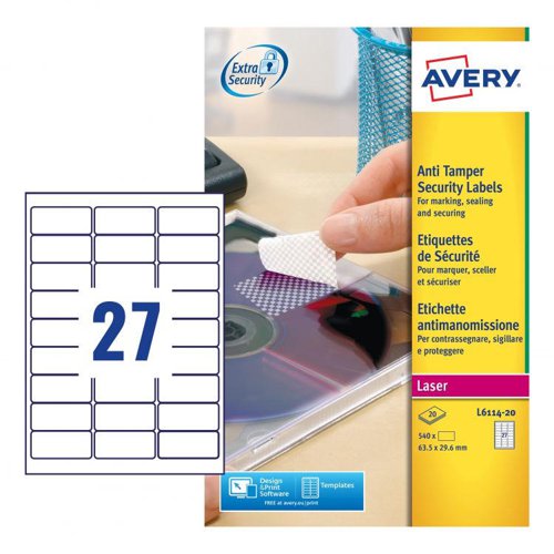 Avery L6114-20 Anti-Tamper Labels 20 sheets - 27 Labels per Sheet