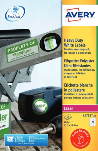 Avery L4773-20 Resistant Labels 20 sheets - 24 Labels per Sheet