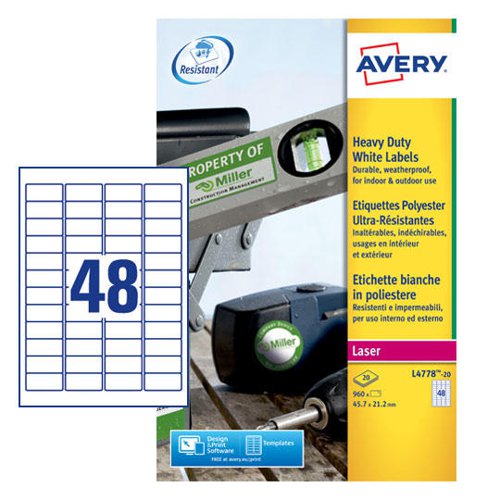 32735J - Avery L4778-20 Resistant Labels 20 sheets - 48 Labels per Sheet