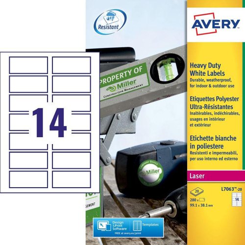 Avery L7063-20 Resistant Labels 20 sheets - 14 Labels per Sheet