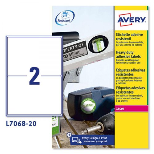 32738J - Avery L7068-20 Resistant Labels 20 sheets - 2 Labels per Sheet