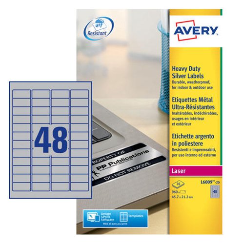 32740J - Avery L6009-20 Resistant Labels 20 sheets - 48 Labels per Sheet