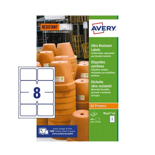 32744J - Avery B3427-20 Ultra Resistant Labels 20 sheets - 8 Labels per Sheet