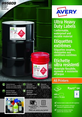 Avery B3427-50 Ultra Resistant Labels 50 sheets - 8 Labels per Sheet