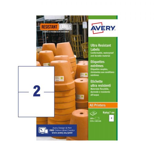 Avery B3655-20 Ultra Resistant Labels 50 sheets - 2 Labels per Sheet | 32747J | Avery UK