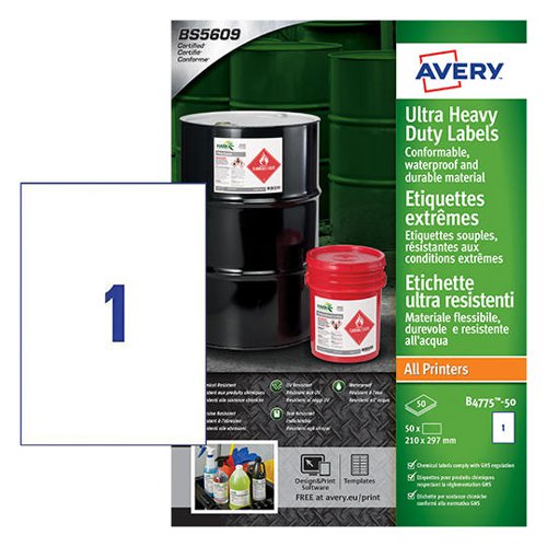 Avery B4775-50 Ultra Resistant Labels 50 sheets - 1 Labels per Sheet