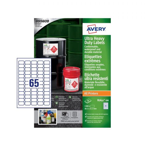 32756J - Avery B7651-20 Ultra Resistant Labels 20 sheets - 65 Labels per Sheet