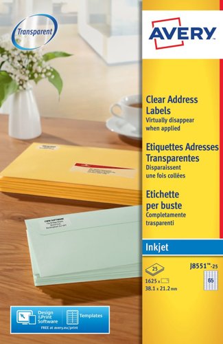 Avery J8551-25 Clear Address Labels 25 sheets - 65 Labels per Sheet