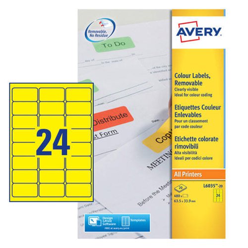 Avery L6035-20 Yellow Removable Labels 20 sheets - 24 Labels per sheet