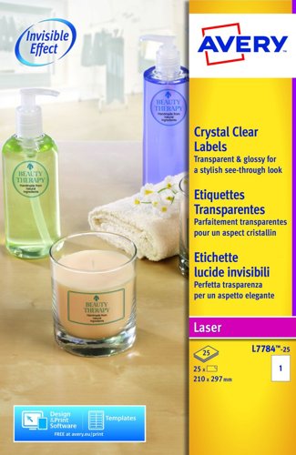 Avery L7784-25 Crystal Clear Labels 25 sheets - 1 label per sheet