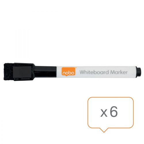 32895J - Nobo 2104184 Black Mini Whiteboard Pen with Magnetic Eraser Cap Pack of 6