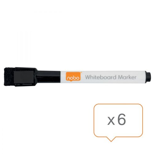 32895J | These non-permanent whiteboard markers give great stand out visibility on non-porous surfaces and have an integrated eraser in the magnetic whiteboard pen cap. With non-toxic low odour ink, they meet all your needs; ideal for home & home office use.Pack of 6 black dry wipe pens with a 2mm width fine tip for consistent smooth lines.Use with a Nobo whiteboard for optimum performance.