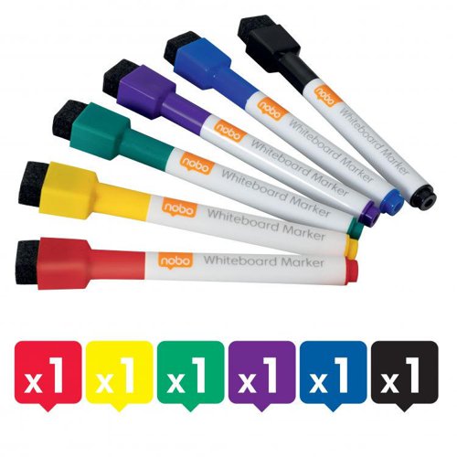 Nobo 1903792 Assorted Colour Mini Whiteboard Pen with Magnetic Eraser Cap Pack of 6