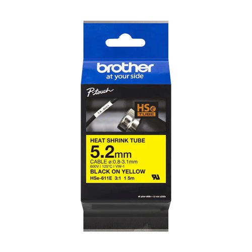 Brother HSE-611E 5.2mm Black on Yellow Heat Shrink Tube