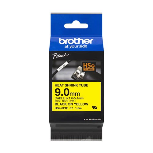 Brother HSE-621E 9mm Black on Yellow Heat Shrink Tube