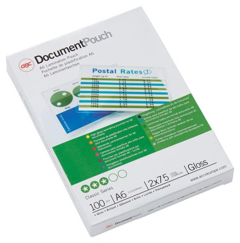 Laminating pouches are a convenient, everyday solution to protect and enhance valuable presentation pages, reference lists, product sheets, notices, photographs and certificates.75 Micron Gloss.A6 format.Pack size: 100.