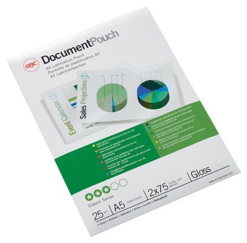 Laminating pouches are a convenient, everyday solution to protect and enhance valuable presentation pages, reference lists, product sheets, notices, photographs and certificates.75 Micron Gloss.A5 format.Pack size: 25.