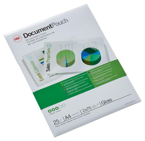 *** CLEARANCE ITEM - LIMITED STOCK AVAILABILITY AT THIS PRICE ***Laminating pouches are a convenient, everyday solution to protect and enhance valuable presentation pages, reference lists, product sheets, notices, photographs and certificates.75 Micron Gloss.A4 format.Pack size: 25.