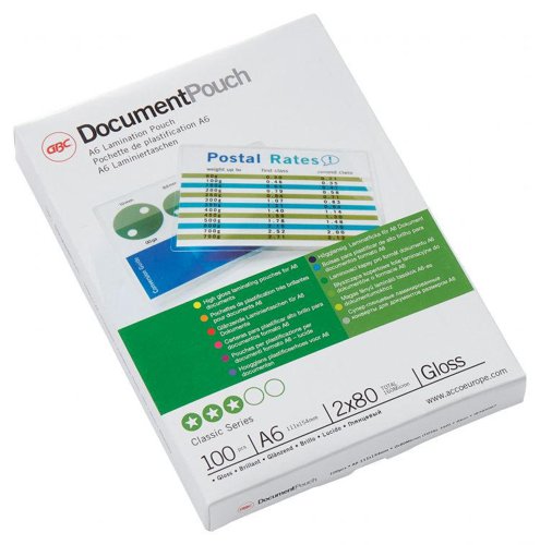 Laminating pouches are a convenient, everyday solution to protect and enhance valuable presentation pages, reference lists, product sheets, notices, photographs and certificates.80 Micron Gloss.A6 format.Pack size: 100.