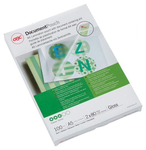 Laminating pouches are a convenient, everyday solution to protect and enhance valuable presentation pages, reference lists, product sheets, notices, photographs and certificates.80 Micron Gloss.A5 format.Pack size: 100.