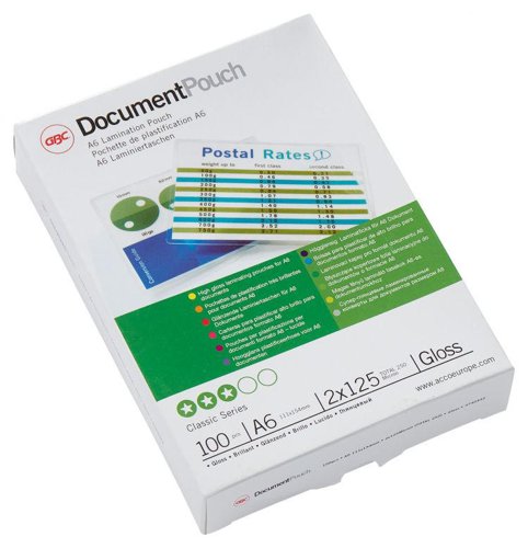 Laminating pouches are a convenient, everyday solution to protect and enhance valuable presentation pages, reference lists, product sheets, notices, photographs and certificates.125 Micron Gloss.A6 format.Pack size:100.