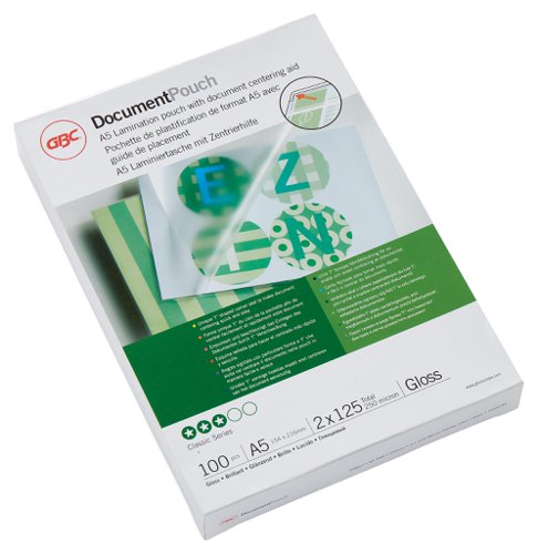 Laminating pouches are a convenient, everyday solution to protect and enhance valuable presentation pages, reference lists, product sheets, notices, photographs and certificates.125 Micron Gloss.A5 format.Pack size:100.