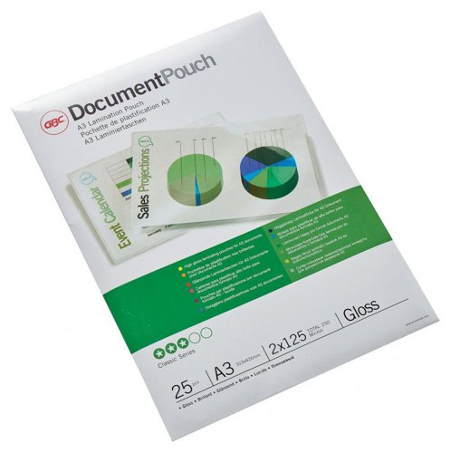 Laminating pouches are a convenient, everyday solution to protect and enhance valuable presentation pages, reference lists, product sheets, notices, photographs and certificates.125 Micron Gloss.A3 format.Pack size: 25.