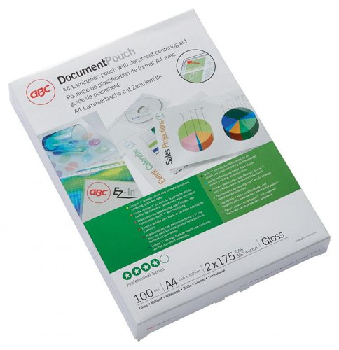 Laminating pouches are a convenient, everyday solution to protect and enhance valuable presentation pages, reference lists, product sheets, notices, photographs and certificates.175 Micron Gloss.A4 format.Pack size:100.