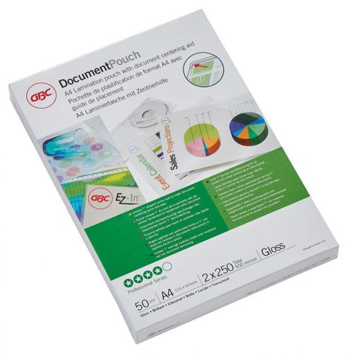Laminating pouches are a convenient, everyday solution to protect and enhance valuable presentation pages, reference lists, product sheets, notices, photographs and certificates.250 Micron Gloss.A4 format.Pack size:50.