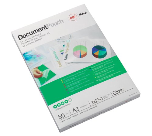 Laminating pouches are a convenient, everyday solution to protect and enhance valuable presentation pages, reference lists, product sheets, notices, photographs and certificates.250 Micron Gloss.A3 format.Pack size:50.