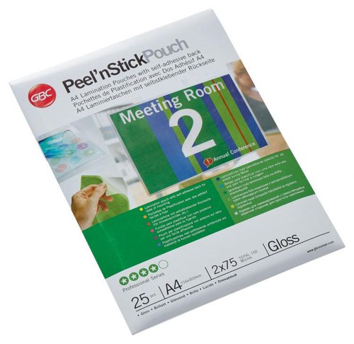 Peel n’ Stick Laminating Pouches are ideal for creating instant, professional and eye-catching signs.The adhesive back sticks to most materials including glass, metal and board. Simply peel off the backing paper to uncover the self-adhesive layer.75 Micron Gloss.A4 format.Pack size: 25.
