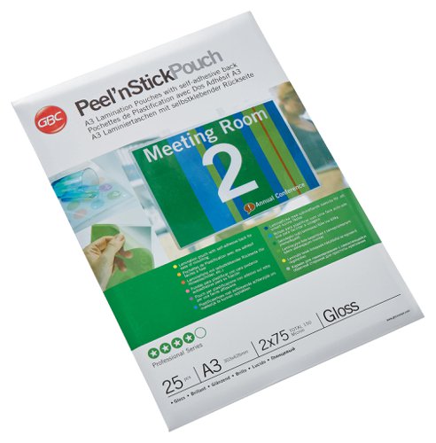 Peel n’ Stick Laminating Pouches are ideal for creating instant, professional and eye-catching signs.The adhesive back sticks to most materials including glass, metal and board. Simply peel off the backing paper to uncover the self-adhesive layer.75 Micron Gloss.A3 format.Pack size: 25.
