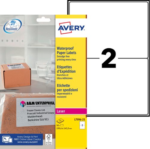 Avery L7996-25 Waterproof Labels 25 sheets - 2 Labels per Sheet