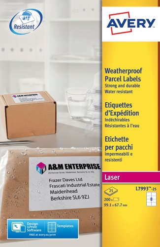 Avery L7993-25 Waterproof Labels 25 sheets - 8 Labels per Sheet
