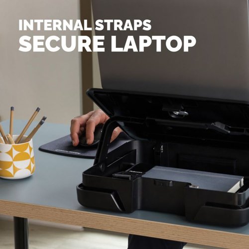 34079J | Elevate your work setup with Fellowes Breyta laptop stand carry case. Seamlessly combining a storage/carry case and a laptop riser, this innovative 2-in-1 design adapts to your on-the-go work needs.Experience ergonomic perfection with five adjustable height settings, tailoring your laptop's position for optimal viewing comfort and reducing strain during your workday. Its portable design simplifies setup, adjustment, and storage, catering to the ever-evolving demands of hybrid working.The built-in handle and optional carry strap ensure effortless transportation. Choose between black or white to match your workspace's modern design aesthetics. Enhance your workspace with the Breyta laptop stand carry case – where comfort and style come together seamlessly to elevate your productivity and well-being.This product is built to last with a 5-year extended warranty, and access to the best customer service to help with any queries.
