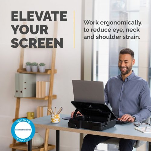 34079J | Elevate your work setup with Fellowes Breyta laptop stand carry case. Seamlessly combining a storage/carry case and a laptop riser, this innovative 2-in-1 design adapts to your on-the-go work needs.Experience ergonomic perfection with five adjustable height settings, tailoring your laptop's position for optimal viewing comfort and reducing strain during your workday. Its portable design simplifies setup, adjustment, and storage, catering to the ever-evolving demands of hybrid working.The built-in handle and optional carry strap ensure effortless transportation. Choose between black or white to match your workspace's modern design aesthetics. Enhance your workspace with the Breyta laptop stand carry case – where comfort and style come together seamlessly to elevate your productivity and well-being.This product is built to last with a 5-year extended warranty, and access to the best customer service to help with any queries.