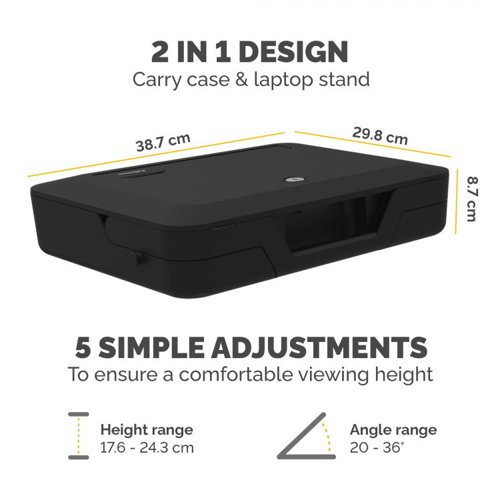 34079J | Elevate your work setup with Fellowes Breyta laptop stand carry case. Seamlessly combining a storage/carry case and a laptop riser, this innovative 2-in-1 design adapts to your on-the-go work needs.Experience ergonomic perfection with five adjustable height settings, tailoring your laptop's position for optimal viewing comfort and reducing strain during your workday. Its portable design simplifies setup, adjustment, and storage, catering to the ever-evolving demands of hybrid working.The built-in handle and optional carry strap ensure effortless transportation. Choose between black or white to match your workspace's modern design aesthetics. Enhance your workspace with the Breyta laptop stand carry case – where comfort and style come together seamlessly to elevate your productivity and well-being.This product is built to last with a 5-year extended warranty, and access to the best customer service to help with any queries.