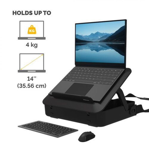 34079J | Elevate your work setup with Fellowes Breyta laptop stand carry case. Seamlessly combining a storage/carry case and a laptop riser, this innovative 2-in-1 design adapts to your on-the-go work needs.Experience ergonomic perfection with five adjustable height settings, tailoring your laptop's position for optimal viewing comfort and reducing strain during your workday. Its portable design simplifies setup, adjustment, and storage, catering to the ever-evolving demands of hybrid working.The built-in handle and optional carry strap ensure effortless transportation. Choose between black or white to match your workspace's modern design aesthetics. Enhance your workspace with the Breyta laptop stand carry case – where comfort and style come together seamlessly to elevate your productivity and well-being.This product is built to last with a 5-year extended warranty, and access to the best customer service to help with any queries.