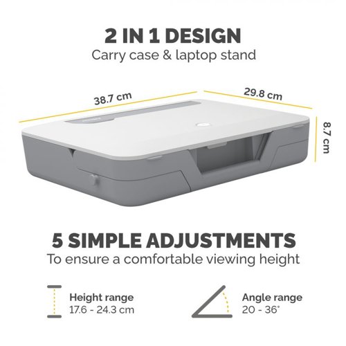 34080J | *** CLEARANCE ITEM - LIMITED STOCK AVAILABILITY AT THIS PRICE ***Elevate your work setup with Fellowes Breyta laptop stand carry case. Seamlessly combining a storage/carry case and a laptop riser, this innovative 2-in-1 design adapts to your on-the-go work needs.Experience ergonomic perfection with five adjustable height settings, tailoring your laptop's position for optimal viewing comfort and reducing strain during your workday. Its portable design simplifies setup, adjustment, and storage, catering to the ever-evolving demands of hybrid working.The built-in handle and optional carry strap ensure effortless transportation. Choose between black or white to match your workspace's modern design aesthetics. Enhance your workspace with the Breyta laptop stand carry case – where comfort and style come together seamlessly to elevate your productivity and well-being.This product is built to last with a 5-year extended warranty, and access to the best customer service to help with any queries.