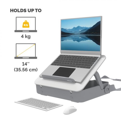 34080J | *** CLEARANCE ITEM - LIMITED STOCK AVAILABILITY AT THIS PRICE ***Elevate your work setup with Fellowes Breyta laptop stand carry case. Seamlessly combining a storage/carry case and a laptop riser, this innovative 2-in-1 design adapts to your on-the-go work needs.Experience ergonomic perfection with five adjustable height settings, tailoring your laptop's position for optimal viewing comfort and reducing strain during your workday. Its portable design simplifies setup, adjustment, and storage, catering to the ever-evolving demands of hybrid working.The built-in handle and optional carry strap ensure effortless transportation. Choose between black or white to match your workspace's modern design aesthetics. Enhance your workspace with the Breyta laptop stand carry case – where comfort and style come together seamlessly to elevate your productivity and well-being.This product is built to last with a 5-year extended warranty, and access to the best customer service to help with any queries.