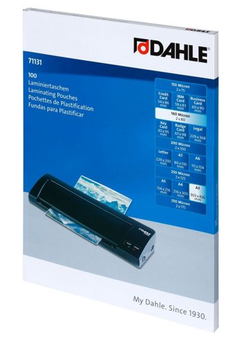 34095J | Dahle Laminating Pouches reliably preserve your documents in perfect condition. From Credit Card size all the way up to A3, choose from a range of pouch thicknesses to suit your protection requirements.