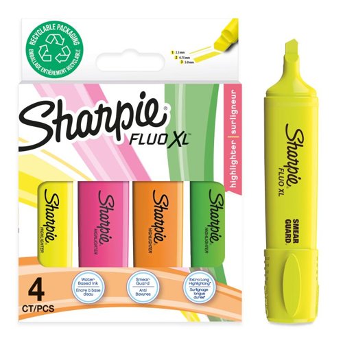 34137J | The Sharpie Pocket Accent Fluo XL utilises its innovative, 3- 3-blade-style tip to deliver precise highlighting with the ability to select different line widths. Its Smear Guard® ink technology resists the smearing of many pen and marker inks. Ideal for students and office workers who appreciate a convenient and resistant range for everyday use.Designed with a durable blocked tip ideal for intensive usage, and a strong tip that is resistant to crushing. The clip cap is easy to clip to either a pocket or folder, The fluorescent ink colours are dye-based and are fade-resistant for longer colour intensity.