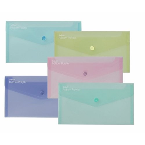 34330J | Snopake's ReBorn Popper Wallets are the eco-friendly option for your document storage needs. These wallets are made from 100% recycled, heavy-gauge polypropylene which is tough and durable. They are water-resistant and easy to clean, making them perfect for storing and organizing your documents, photographs and artwork.The DL-sized Polyfile is practical and versatile, fitting easily into your pocket or bag. It can hold up to 50 sheets of paper and is ideal for organizing smaller objects. The transparent superline finish in soft pastel colours makes it easy to identify the contents. The unique colour-coordinated press-stud closure is engineered to last, ensuring your documents are secure even while on the move.Snopake ReBorn Polyfiles are made from top-quality, high-strength polypropylene, providing long-term protection for your documents.