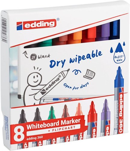 34463J | If you are someone who frequently uses whiteboards, you may have experienced the problem of forgetting to reattach the cap of a marker after a busy meeting or while being on the run. But with the edding 360 whiteboard marker, you won't have to worry about it anymore. You can leave the cap open for several days without the ink drying out, making it convenient to use at any time. Additionally, the marker's ink can be wiped off easily from any whiteboard without leaving any residue behind.This marker is not limited to whiteboards only, as it writes perfectly on other smooth and non-porous surfaces like glass, enamel or melamine. It has a round nib that provides an even stroke, dries quickly and is also lightfast. Overall, the edding 360 whiteboard marker is a reliable solution for anyone who frequently uses whiteboards or similar surfaces.