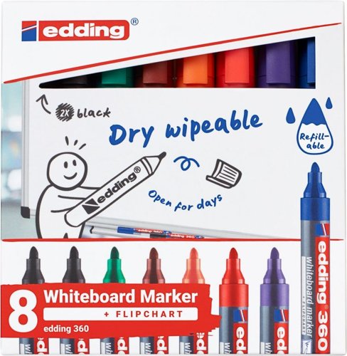 34463J | If you are someone who frequently uses whiteboards, you may have experienced the problem of forgetting to reattach the cap of a marker after a busy meeting or while being on the run. But with the edding 360 whiteboard marker, you won't have to worry about it anymore. You can leave the cap open for several days without the ink drying out, making it convenient to use at any time. Additionally, the marker's ink can be wiped off easily from any whiteboard without leaving any residue behind.This marker is not limited to whiteboards only, as it writes perfectly on other smooth and non-porous surfaces like glass, enamel or melamine. It has a round nib that provides an even stroke, dries quickly and is also lightfast. Overall, the edding 360 whiteboard marker is a reliable solution for anyone who frequently uses whiteboards or similar surfaces.