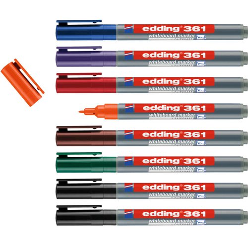 When it comes to workflow coordination or planning tasks, accurate figures are crucial. And to create them, a thin and precise marker like the edding 361 is the perfect tool. Its round fine nib produces an even and thin stroke, which can be easily wiped off without leaving any residue.The ink used in the edding 361 whiteboard marker is lightfast and quick-drying, making it suitable for use on whiteboards, planning boards, as well as other non-porous surfaces like enamel, glass, or melamine. It's a lightweight and handy companion, even for long and heavy meetings.