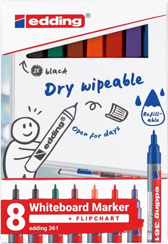 34466J | When it comes to workflow coordination or planning tasks, accurate figures are crucial. And to create them, a thin and precise marker like the edding 361 is the perfect tool. Its round fine nib produces an even and thin stroke, which can be easily wiped off without leaving any residue.The ink used in the edding 361 whiteboard marker is lightfast and quick-drying, making it suitable for use on whiteboards, planning boards, as well as other non-porous surfaces like enamel, glass, or melamine. It's a lightweight and handy companion, even for long and heavy meetings.
