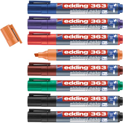 If someone forgets to put the cap back on the whiteboard marker, it can often dry out, making it tough or impossible to write with. This can be a concern for those who use whiteboard markers on a daily basis. However, the edding 363 whiteboard marker is an exception to this problem. It can be left without a cap for several days without drying out. Furthermore, when using this marker, there is no residue left behind after dry wiping.The edding 363 features quick-drying and lightfast ink, as well as a chisel nib for drawing fine lines or marking broader areas. This makes it the perfect tool for busy professionals who require high-quality equipment to stay focused on important tasks. Additionally, this whiteboard marker can be used on other non-porous surfaces such as enamel, glass, or melamine.