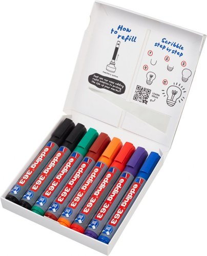 34469J | If someone forgets to put the cap back on the whiteboard marker, it can often dry out, making it tough or impossible to write with. This can be a concern for those who use whiteboard markers on a daily basis. However, the edding 363 whiteboard marker is an exception to this problem. It can be left without a cap for several days without drying out. Furthermore, when using this marker, there is no residue left behind after dry wiping.The edding 363 features quick-drying and lightfast ink, as well as a chisel nib for drawing fine lines or marking broader areas. This makes it the perfect tool for busy professionals who require high-quality equipment to stay focused on important tasks. Additionally, this whiteboard marker can be used on other non-porous surfaces such as enamel, glass, or melamine.
