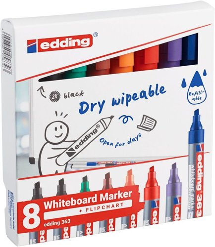 34469J | If someone forgets to put the cap back on the whiteboard marker, it can often dry out, making it tough or impossible to write with. This can be a concern for those who use whiteboard markers on a daily basis. However, the edding 363 whiteboard marker is an exception to this problem. It can be left without a cap for several days without drying out. Furthermore, when using this marker, there is no residue left behind after dry wiping.The edding 363 features quick-drying and lightfast ink, as well as a chisel nib for drawing fine lines or marking broader areas. This makes it the perfect tool for busy professionals who require high-quality equipment to stay focused on important tasks. Additionally, this whiteboard marker can be used on other non-porous surfaces such as enamel, glass, or melamine.